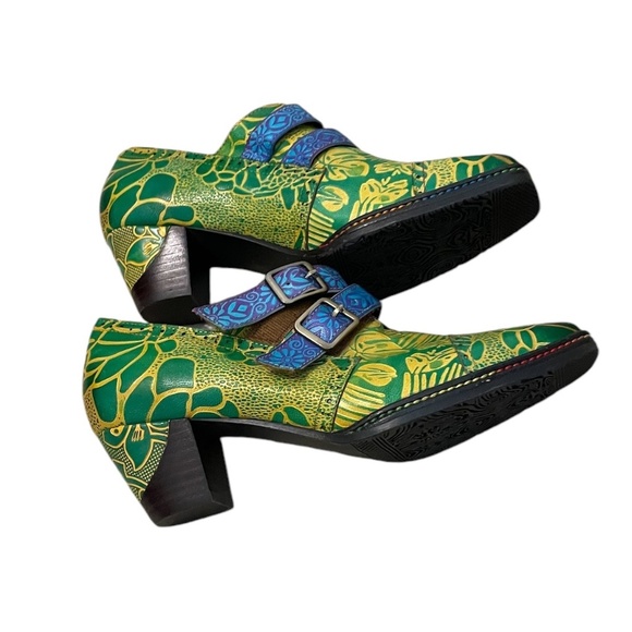 WOMEN'S 9 LEATHER FLORAL HAND PAINTED‎ EMBOSSED DOUBLE STRAP MONK OXFORD - Picture 7 of 12